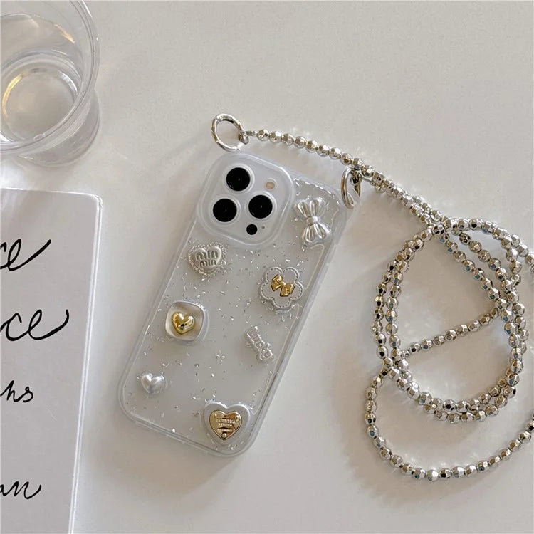 For iPhone 14 Pro Case Bowknot Heart Decor PC+TPU Phone Cover with Lanyard