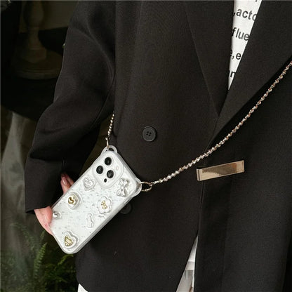 For iPhone 14 Pro Case Bowknot Heart Decor PC+TPU Phone Cover with Lanyard