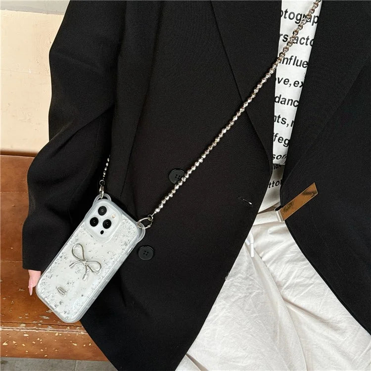For iPhone 14 Pro Case Bowknot Heart Decor PC+TPU Phone Cover with Lanyard