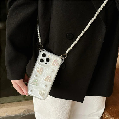 For iPhone 14 Pro Case Bowknot Heart Decor PC+TPU Phone Cover with Lanyard
