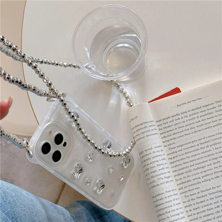 For iPhone 14 Pro Case Bowknot Heart Decor PC+TPU Phone Cover with Lanyard