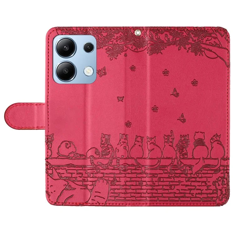 For Xiaomi Redmi Note 13 4G Case Wall Cats Pattern Imprinted Leather Wallet Phone Cover
