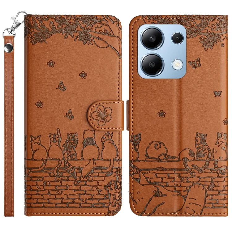 For Xiaomi Redmi Note 13 4G Case Wall Cats Pattern Imprinted Leather Wallet Phone Cover