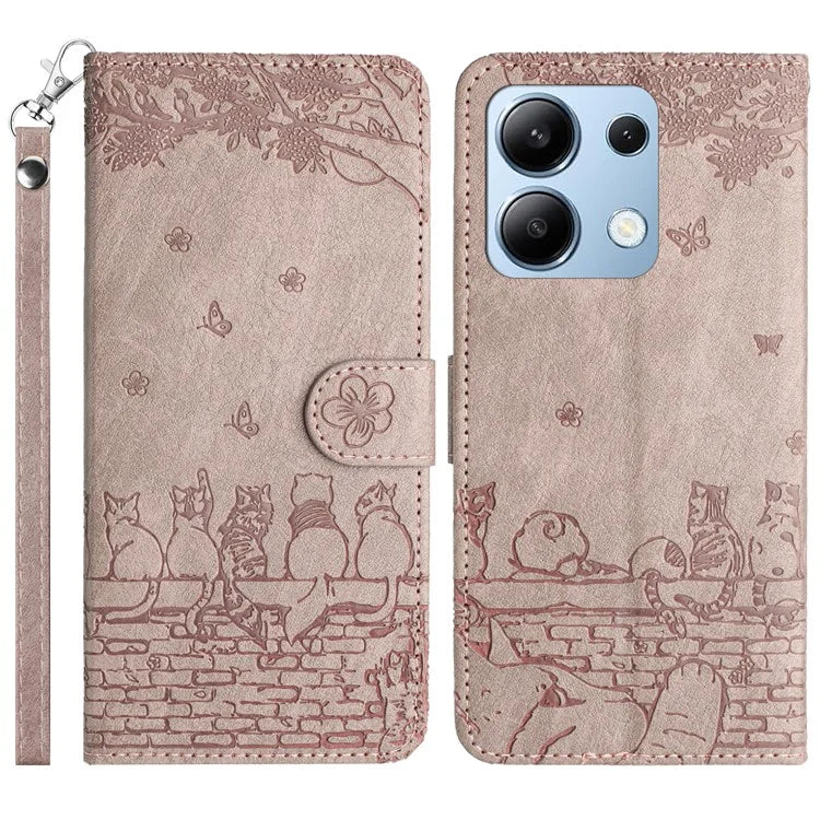 For Xiaomi Redmi Note 13 4G Case Wall Cats Pattern Imprinted Leather Wallet Phone Cover