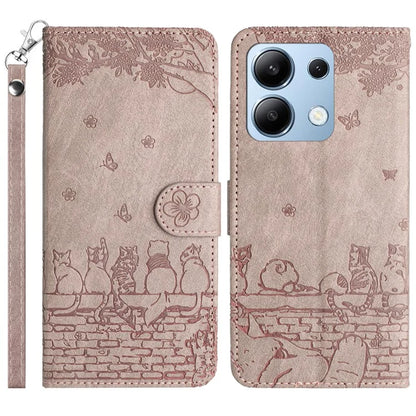 For Xiaomi Redmi Note 13 4G Case Wall Cats Pattern Imprinted Leather Wallet Phone Cover