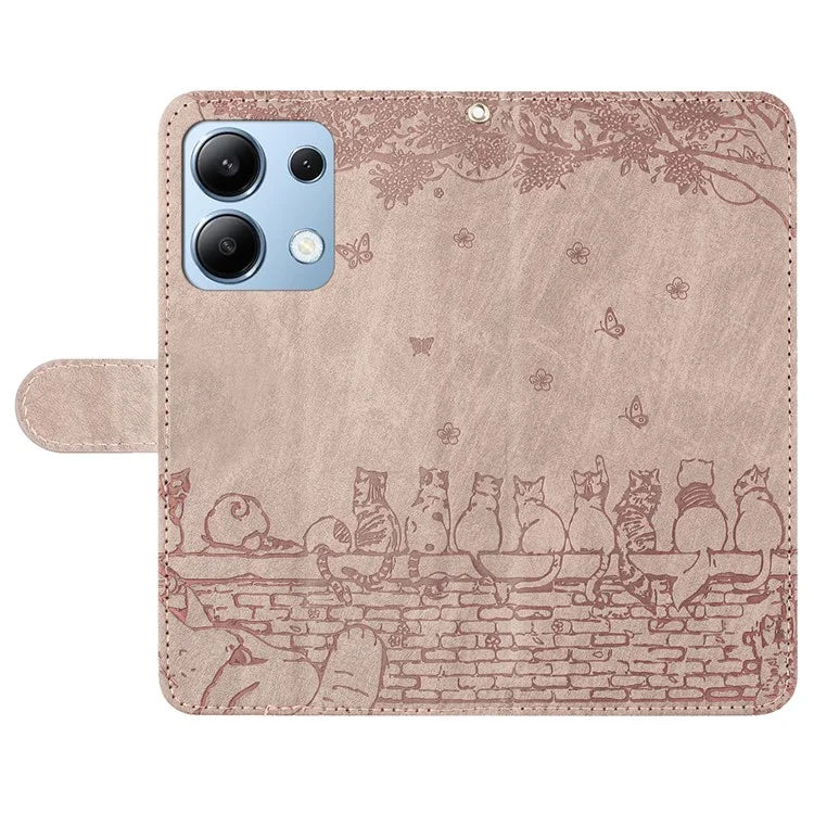 For Xiaomi Redmi Note 13 4G Case Wall Cats Pattern Imprinted Leather Wallet Phone Cover