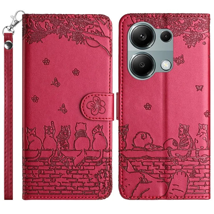 For Xiaomi Redmi Note 13 Pro 4G / Poco M6 Pro 4G Magnetic Phone Case Wall Cats Pattern Imprinted Leather Cover