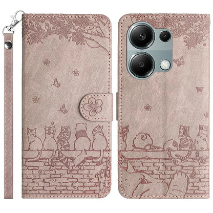 For Xiaomi Redmi Note 13 Pro 4G / Poco M6 Pro 4G Magnetic Phone Case Wall Cats Pattern Imprinted Leather Cover