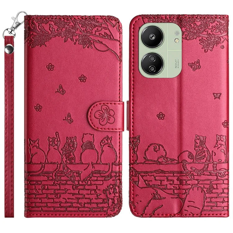 For Xiaomi Redmi 13C 4G / 5G / 13R 5G / Poco M6 5G / Poco C65 4G Case PU Leather Wallet Cover Wall Cats Pattern