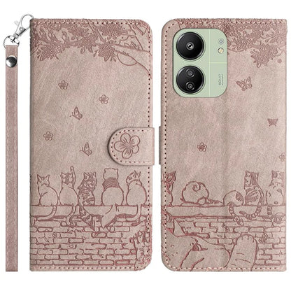For Xiaomi Redmi 13C 4G / 5G / 13R 5G / Poco M6 5G / Poco C65 4G Case PU Leather Wallet Cover Wall Cats Pattern
