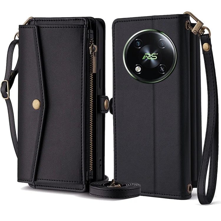 For itel RS4 4G Case Stand Wallet Handbag Phone Cover with Shoulder Strap