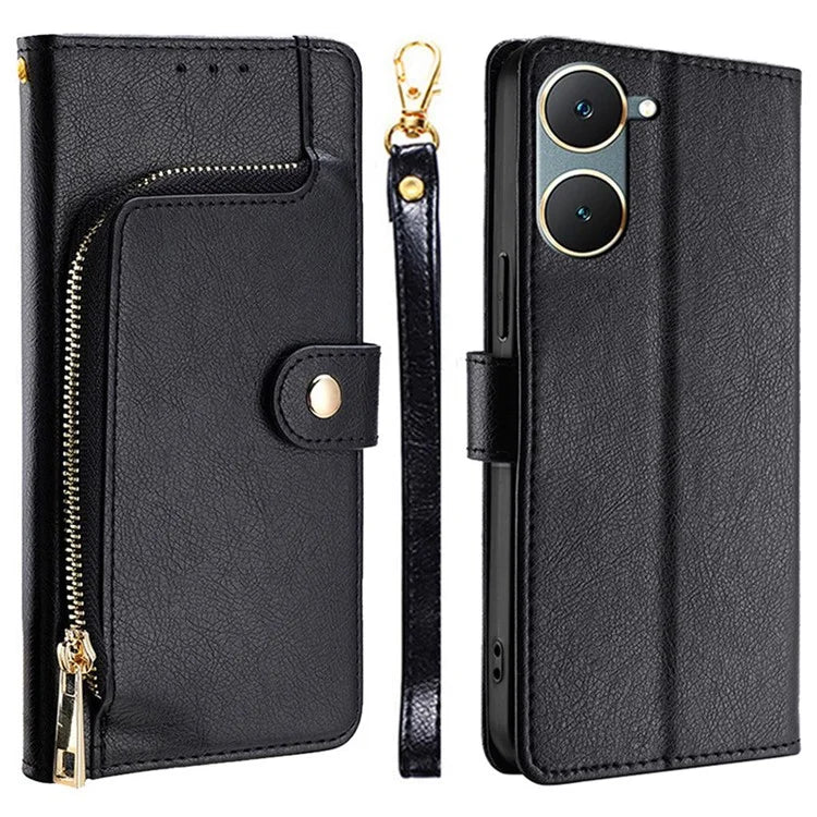 For vivo Y03 Case Bump Proof PU Leather Phone Shell with Zipper Pocket Wallet