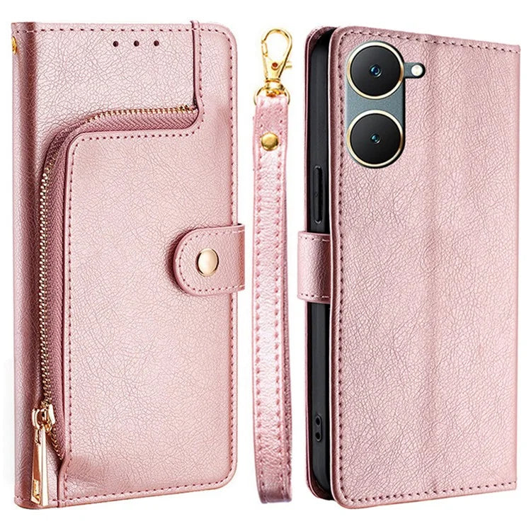 For vivo Y03 Case Bump Proof PU Leather Phone Shell with Zipper Pocket Wallet