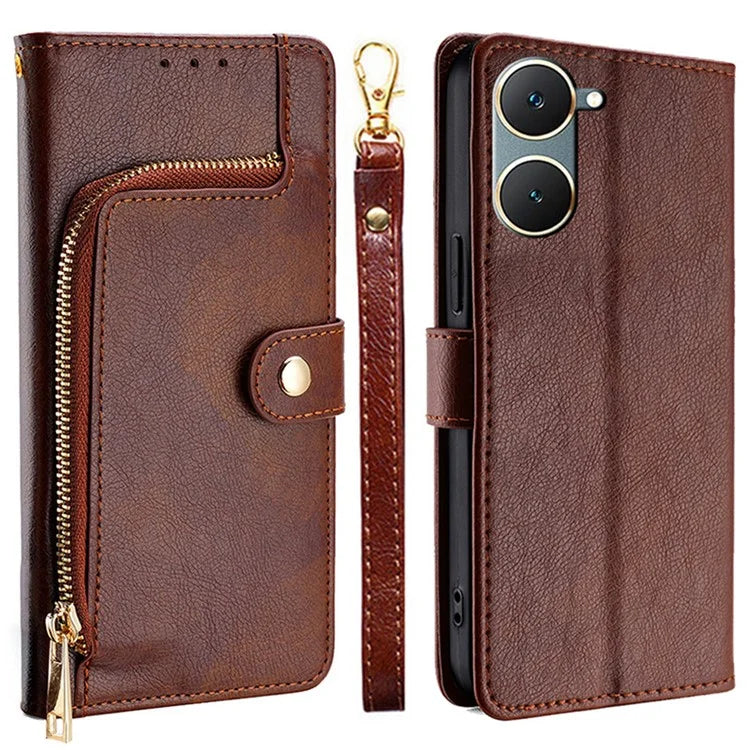 For vivo Y03 Case Bump Proof PU Leather Phone Shell with Zipper Pocket Wallet