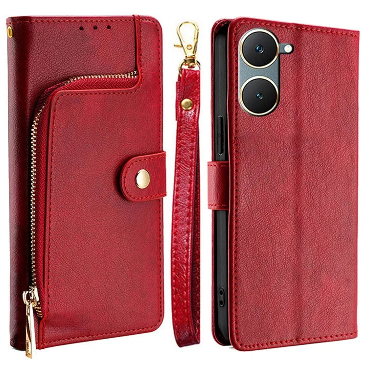 For vivo Y03 Case Bump Proof PU Leather Phone Shell with Zipper Pocket Wallet