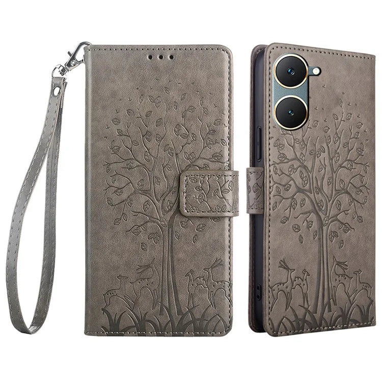 For vivo Y03 Case PU Leather Stand Deer Tree Imprinted Phone Cover