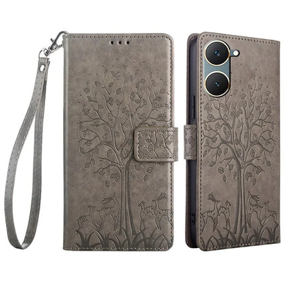 For vivo Y03 Case PU Leather Stand Deer Tree Imprinted Phone Cover