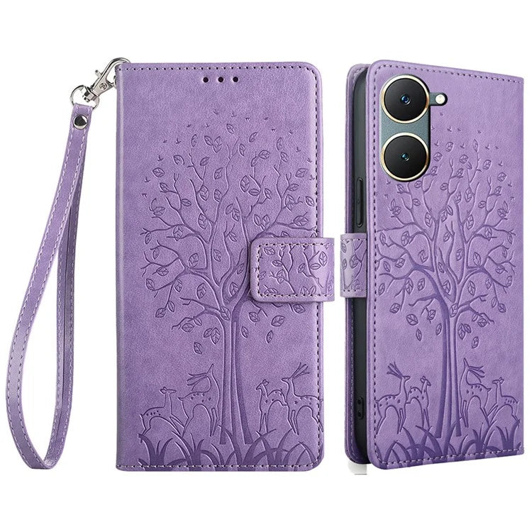 For vivo Y03 Case PU Leather Stand Deer Tree Imprinted Phone Cover