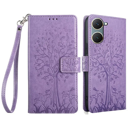 For vivo Y03 Case PU Leather Stand Deer Tree Imprinted Phone Cover