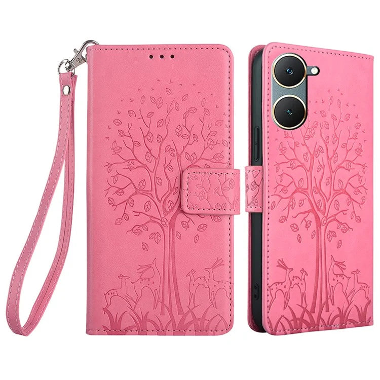 For vivo Y03 Case PU Leather Stand Deer Tree Imprinted Phone Cover