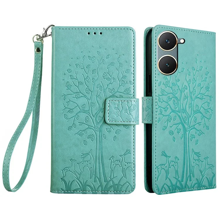 For vivo Y03 Case PU Leather Stand Deer Tree Imprinted Phone Cover