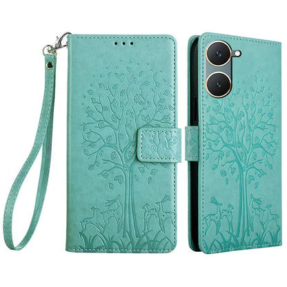 For vivo Y03 Case PU Leather Stand Deer Tree Imprinted Phone Cover