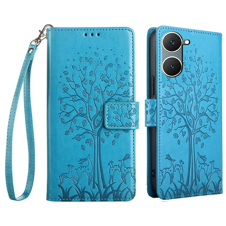 For vivo Y03 Case PU Leather Stand Deer Tree Imprinted Phone Cover