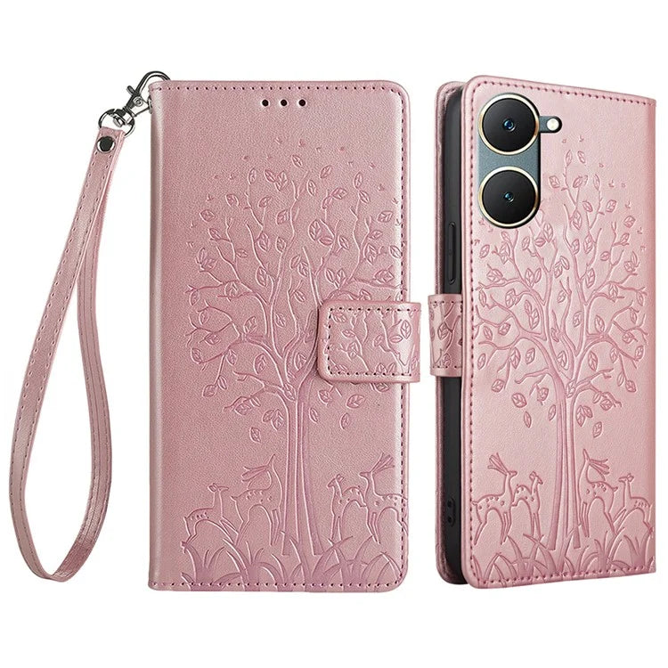 For vivo Y03 Case PU Leather Stand Deer Tree Imprinted Phone Cover