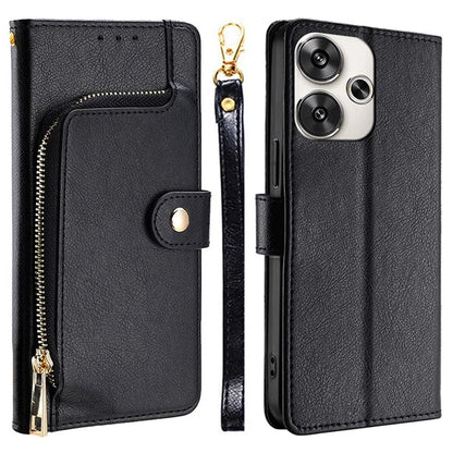 For Xiaomi Redmi Turbo 3 5G / Poco F6 5G Case PU Leather Card Holder Zipper Pocket Phone Cover with Wrist Strap