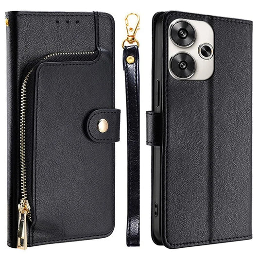 For Xiaomi Redmi Turbo 3 5G / Poco F6 5G Case PU Leather Card Holder Zipper Pocket Phone Cover with Wrist Strap