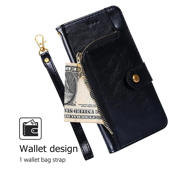 For Xiaomi Redmi Turbo 3 5G / Poco F6 5G Case PU Leather Card Holder Zipper Pocket Phone Cover with Wrist Strap