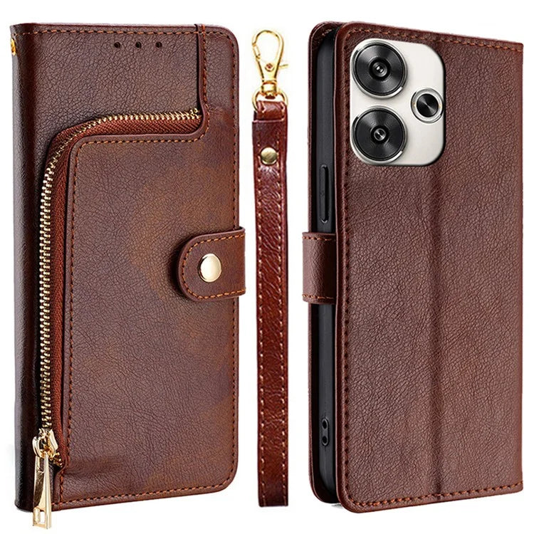 For Xiaomi Redmi Turbo 3 5G / Poco F6 5G Case PU Leather Card Holder Zipper Pocket Phone Cover with Wrist Strap