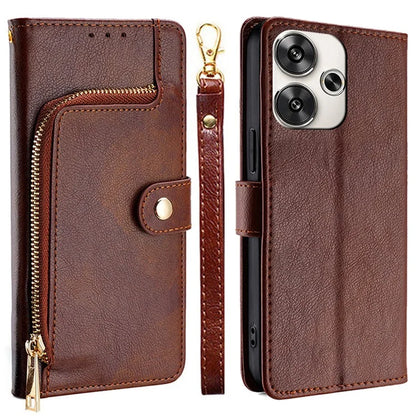 For Xiaomi Redmi Turbo 3 5G / Poco F6 5G Case PU Leather Card Holder Zipper Pocket Phone Cover with Wrist Strap