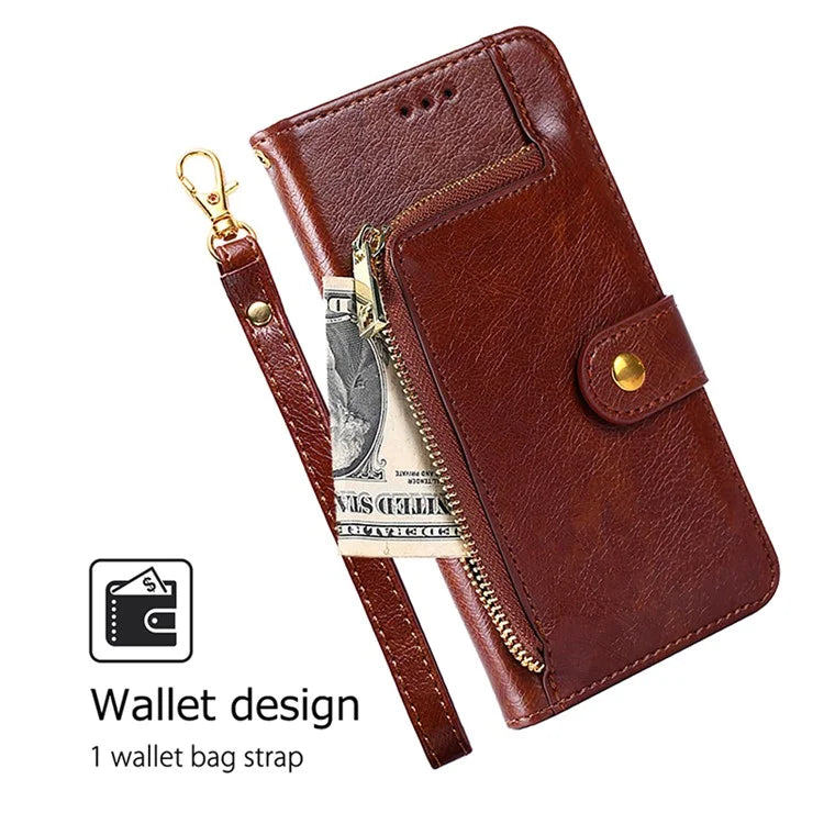 For Xiaomi Redmi Turbo 3 5G / Poco F6 5G Case PU Leather Card Holder Zipper Pocket Phone Cover with Wrist Strap