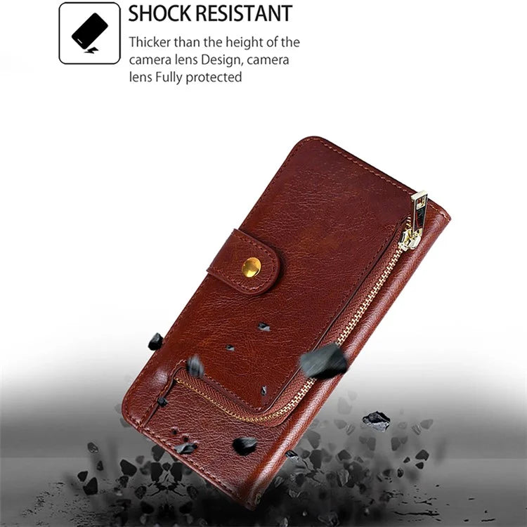 For Xiaomi Redmi Turbo 3 5G / Poco F6 5G Case PU Leather Card Holder Zipper Pocket Phone Cover with Wrist Strap