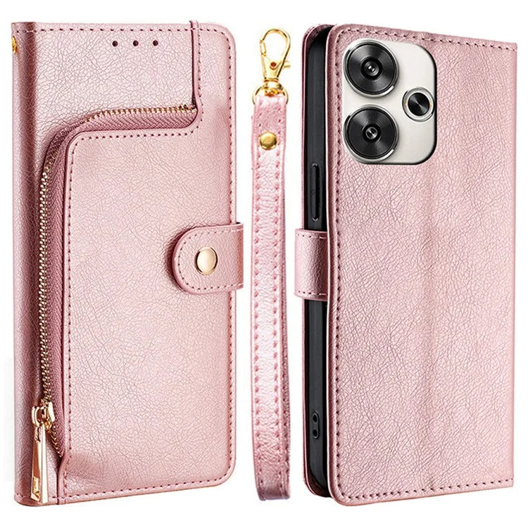 For Xiaomi Redmi Turbo 3 5G / Poco F6 5G Case PU Leather Card Holder Zipper Pocket Phone Cover with Wrist Strap