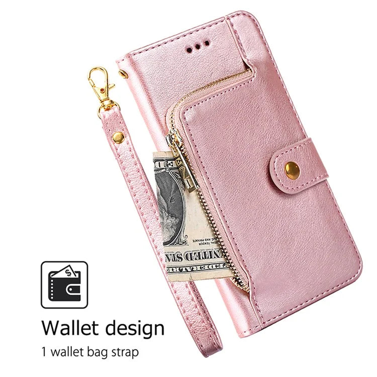 For Xiaomi Redmi Turbo 3 5G / Poco F6 5G Case PU Leather Card Holder Zipper Pocket Phone Cover with Wrist Strap