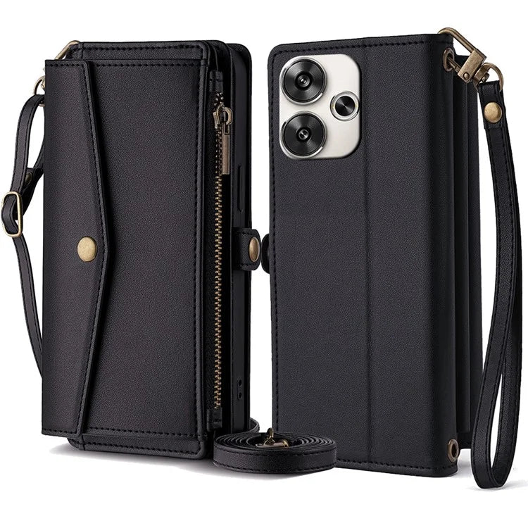 For Xiaomi Redmi Turbo 3 5G / Poco F6 5G Phone Case Large Capacity Wallet Leather Stand Protective Cover with 2 Straps