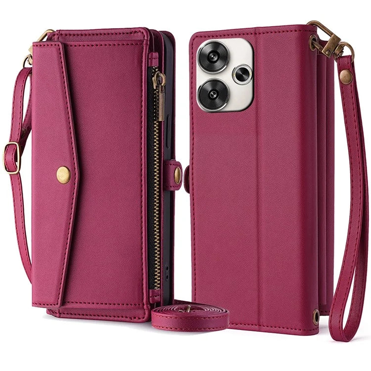 For Xiaomi Redmi Turbo 3 5G / Poco F6 5G Phone Case Large Capacity Wallet Leather Stand Protective Cover with 2 Straps