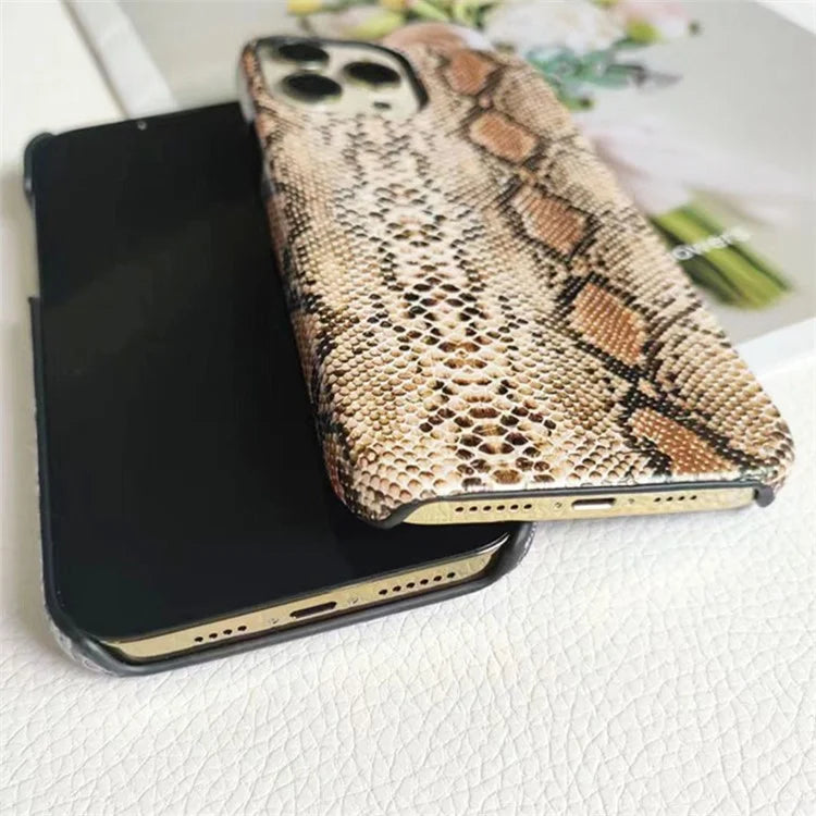 For iPhone 15 Pro Max Snake Texture Incomplete Cover Phone Case PC+PU Leather Back Shell