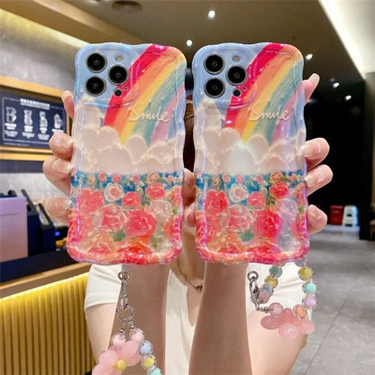 For iPhone 15 Pro Flower Rainbow Pattern Mobile Phone Case Solid Silicone Phone Shell