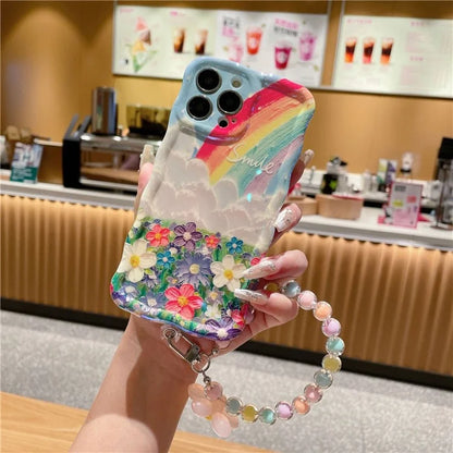 For iPhone 15 Pro Flower Rainbow Pattern Mobile Phone Case Solid Silicone Phone Shell