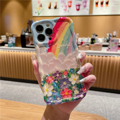 For iPhone 15 Pro Flower Rainbow Pattern Mobile Phone Case Solid Silicone Phone Shell
