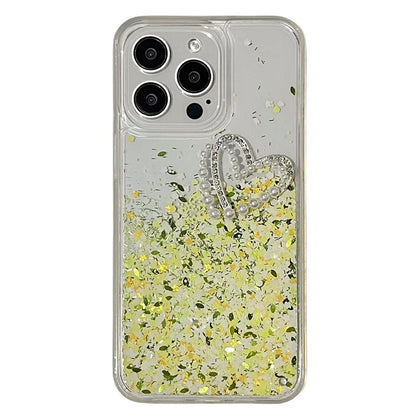 For iPhone 15 Pro Max Case TPU+PC Phone Cover Sequins Rhinestone Decor Love Heart Design