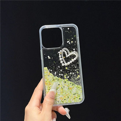 For iPhone 15 Pro Max Case TPU+PC Phone Cover Sequins Rhinestone Decor Love Heart Design
