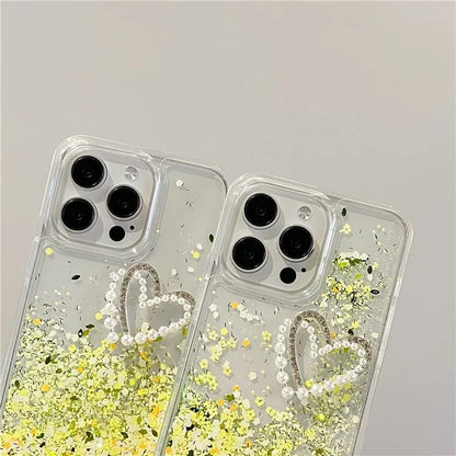 For iPhone 15 Pro Max Case TPU+PC Phone Cover Sequins Rhinestone Decor Love Heart Design