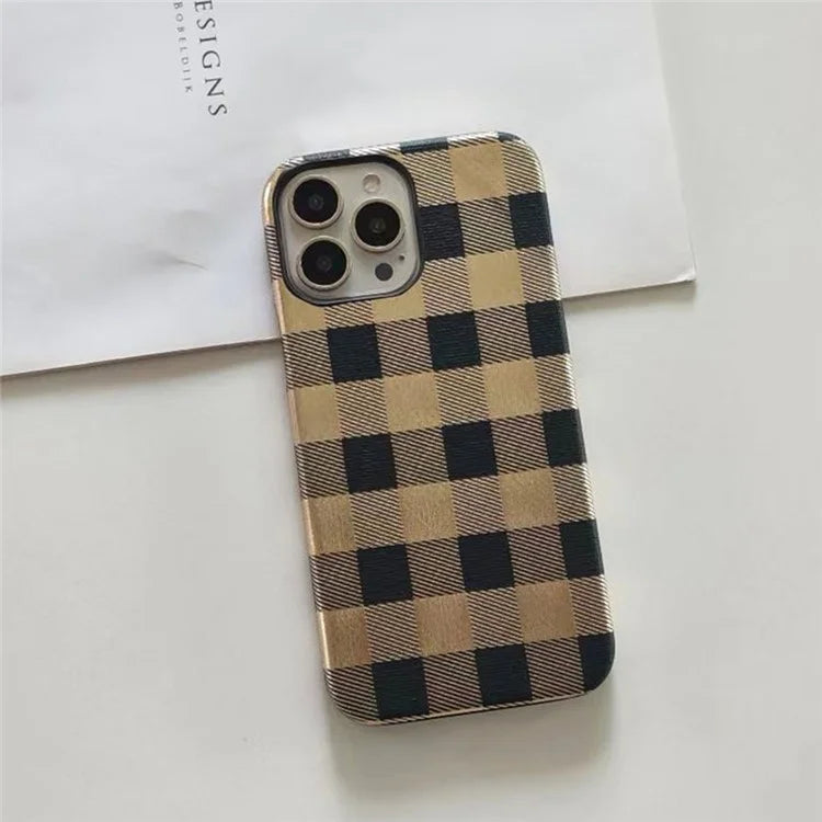 TPU+PU Leather Phone Case for iPhone 15 Pro Lacquered Grid Pattern Phone Cover Anti-Drop Shell