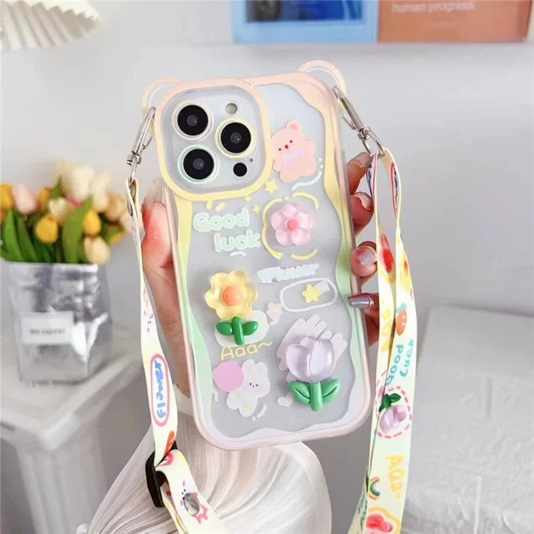 For iPhone 15 Pro Case Bear Flower Pattern PC+TPU Phone Cover with Adjustable Lanyard