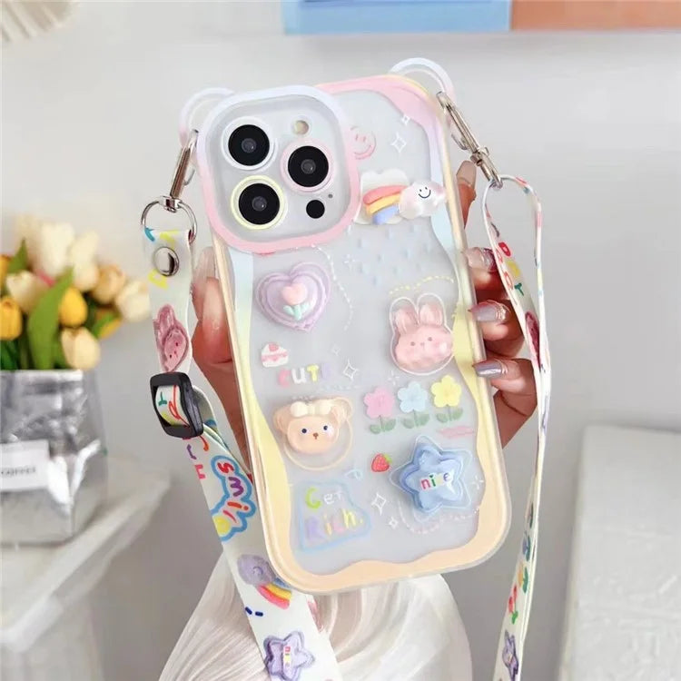 For iPhone 15 Pro Case Bear Flower Pattern PC+TPU Phone Cover with Adjustable Lanyard