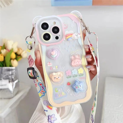 For iPhone 15 Pro Case Bear Flower Pattern PC+TPU Phone Cover with Adjustable Lanyard